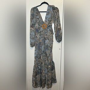 Jessica Simpson Women's Paisley V-Neck Slit Midi Dress Ruffled, Pleated, Tie-up